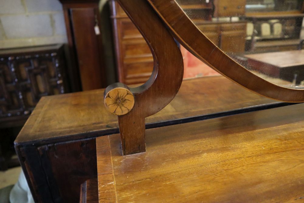 A 19th century banded and inlaid mahogany box-base toilet mirror, width 82cm depth 26cm height 82cm